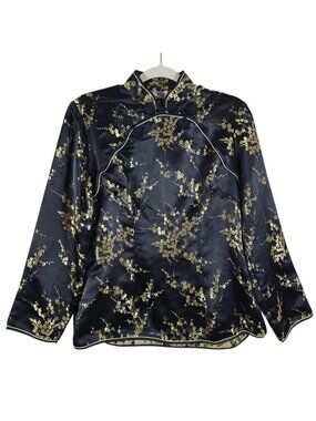 VTG Plum Blossom Womens Black Gold 100% Silk Brocade Floral Frog Closure Top XXL